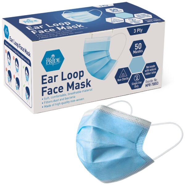 Blue disposable ear loop face mask with box packaging.
