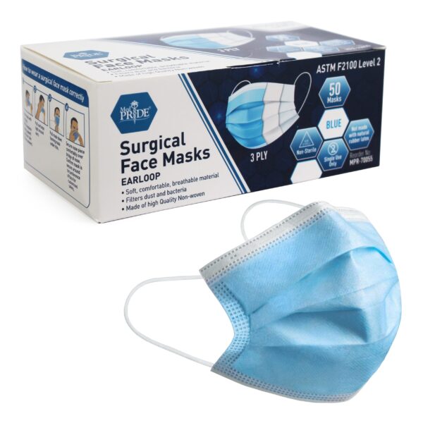 Box of blue surgical face masks with one mask displayed.