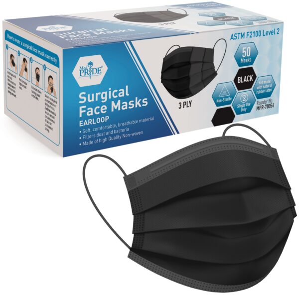 Black disposable surgical face mask with packaging box.