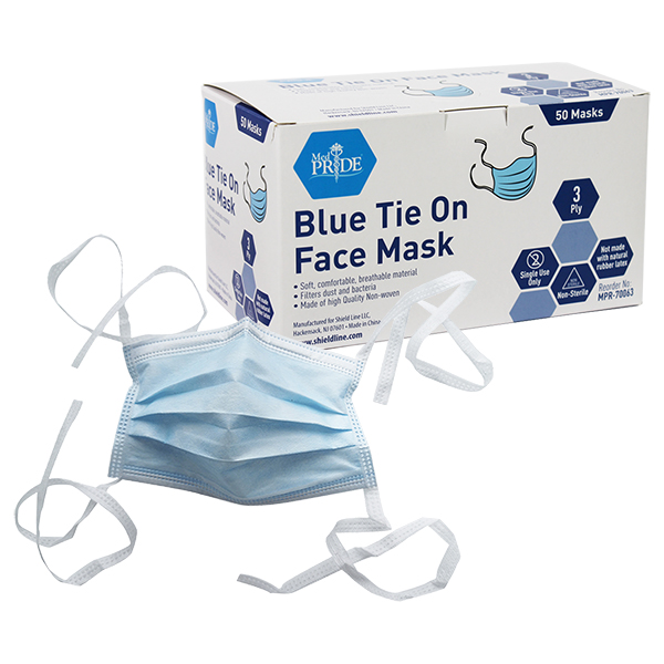 Box of blue tie-on face masks with one mask displayed.