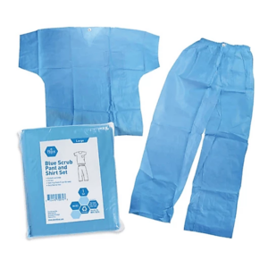 Disposable blue medical gown and pants set.