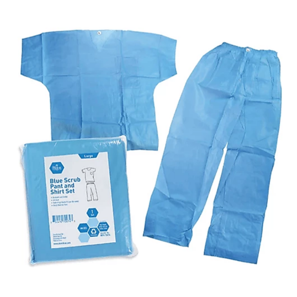 Disposable blue medical gown and pants set.