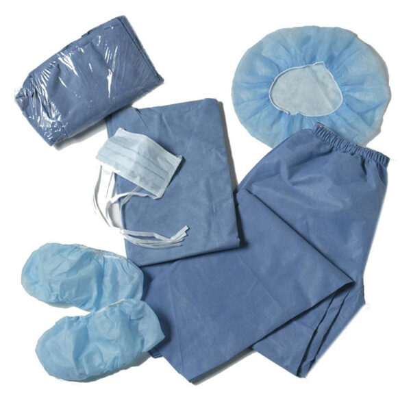A set of blue disposable medical garments and accessories.
