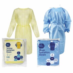 Two types of disposable medical gowns with matching packaging.