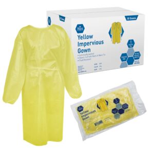 Yellow disposable isolation gown with packaging box and bag.