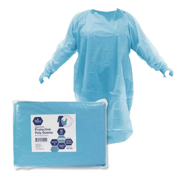 Disposable blue medical gown with packaging shown.