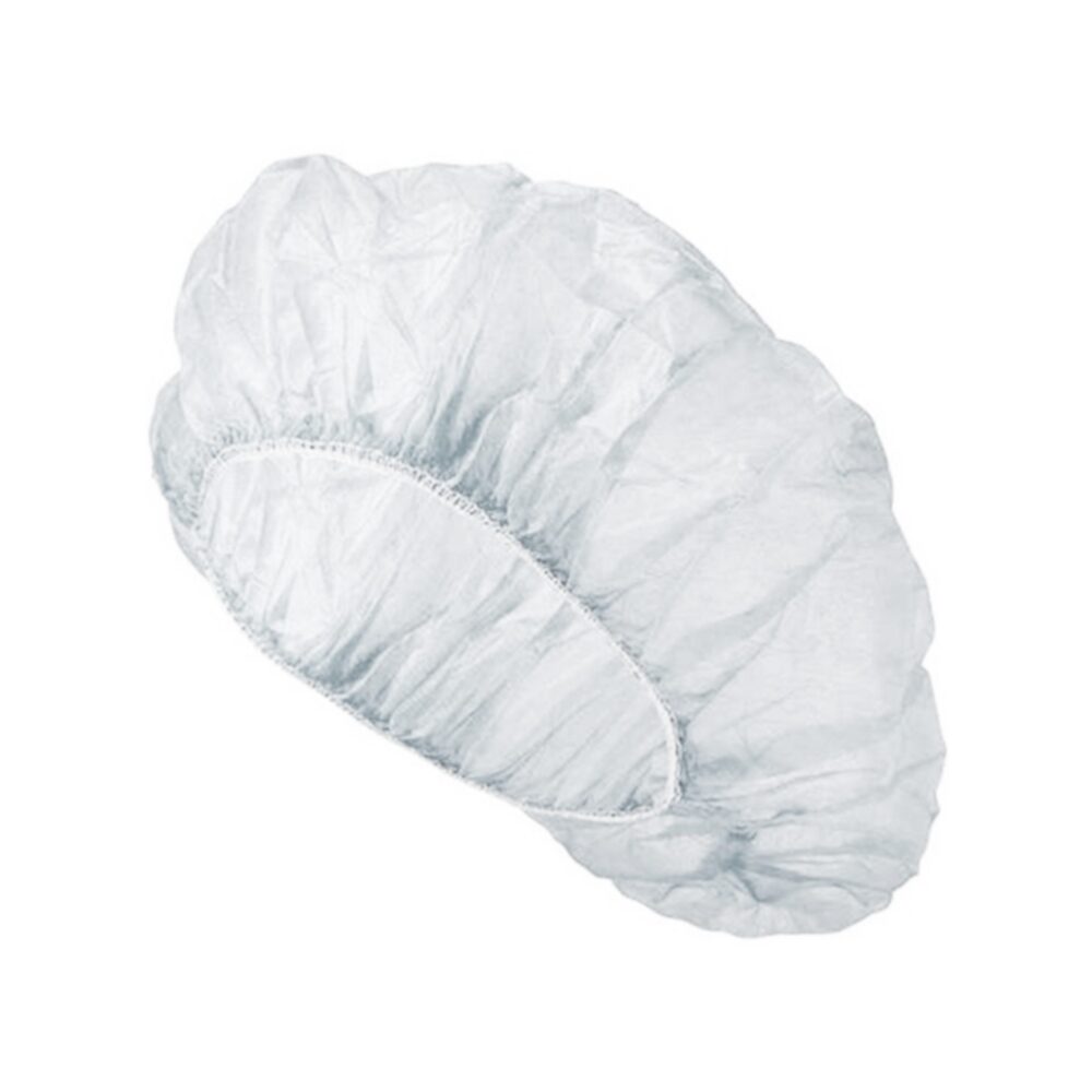 White disposable bouffant cap for hygiene purposes.