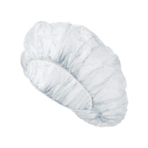 White disposable bouffant cap for hygiene purposes.