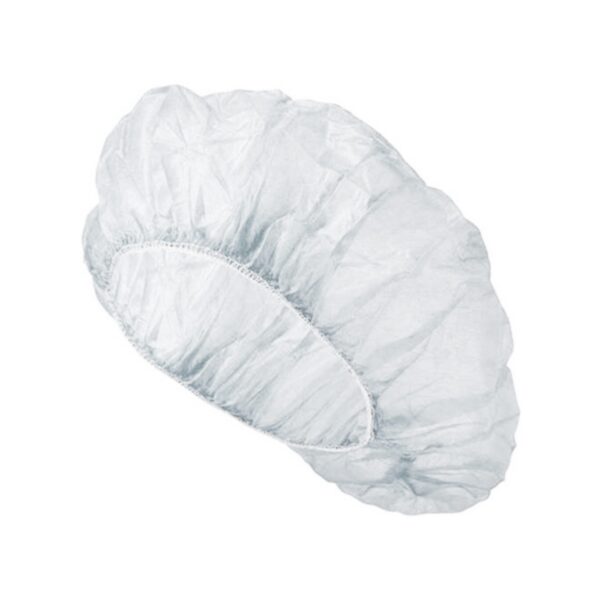 White disposable bouffant cap for hygiene purposes.