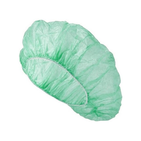 A light green disposable bouffant cap for hygiene purposes.