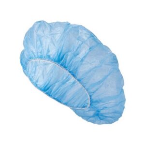 Blue disposable bouffant cap for hygiene purposes.