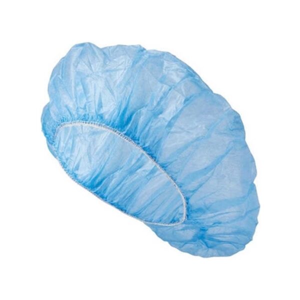 Blue disposable bouffant cap for hygiene purposes.