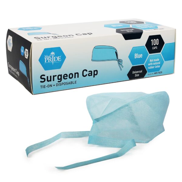Box of disposable surgeon caps with one cap displayed.