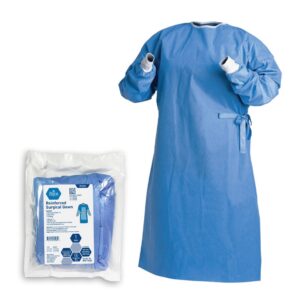 Sterile blue surgical gown with gloves included.