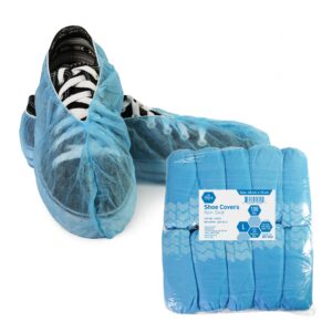 Disposable blue shoe covers with elastic bands for cleanliness.
