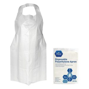 A disposable white polyethylene apron with its packaging.
