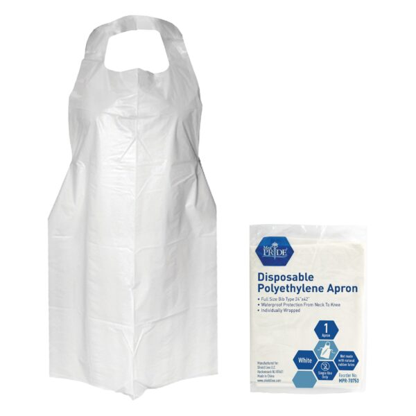 A disposable white polyethylene apron with its packaging.