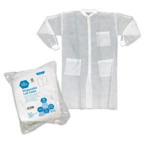 Disposable white lab coat with packaging.