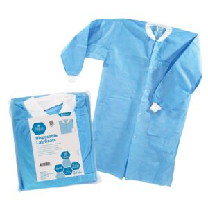 Disposable blue medical gown with packaging.