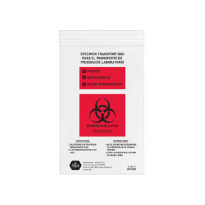 A biohazard specimen bag with red warning label and precautions.