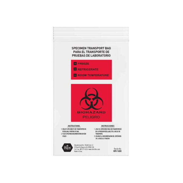A biohazard specimen bag with red warning label and precautions.