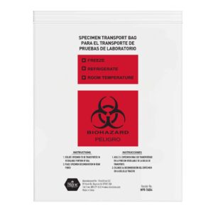 Biohazard transport bag with warning labels for infectious substances.
