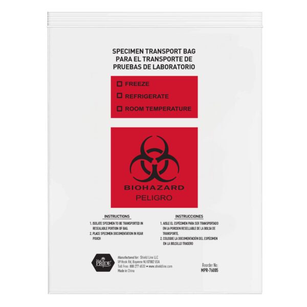 A biohazard specimen transport bag with warning labels.