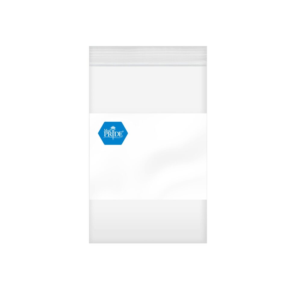 A transparent resealable plastic bag with a blue label.