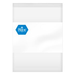 White plastic resealable bag with a blue hexagonal logo.