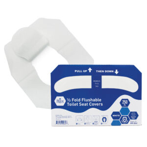 Disposable 3-ply facial tissue seat covers in white and blue packaging.