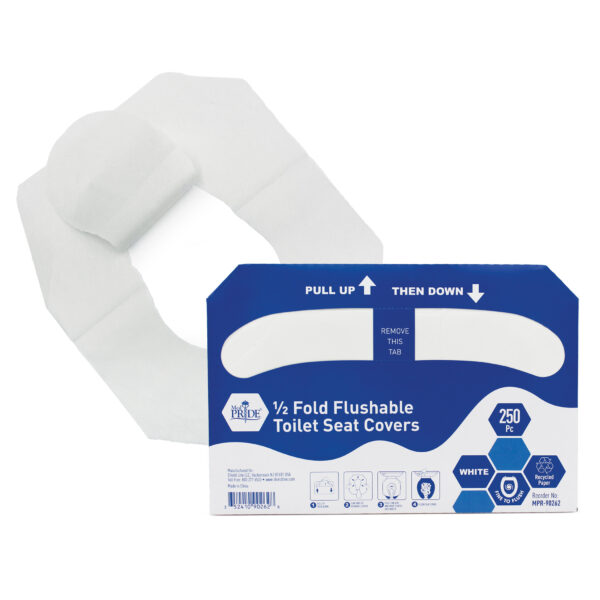 Disposable 3-ply facial tissue seat covers in white and blue packaging.