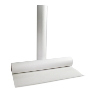 Two rolls of white paper, one standing and one lying down.