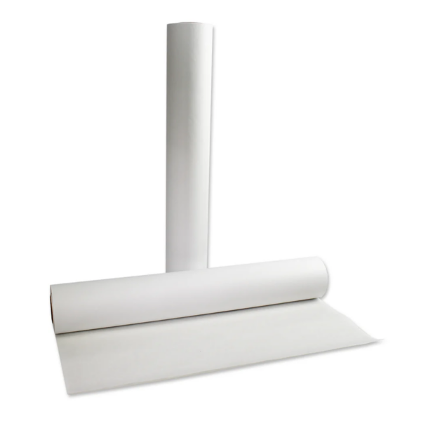 Two rolls of white paper, one standing and one lying down.