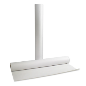 Two white rolls of paper, one standing and one lying down.