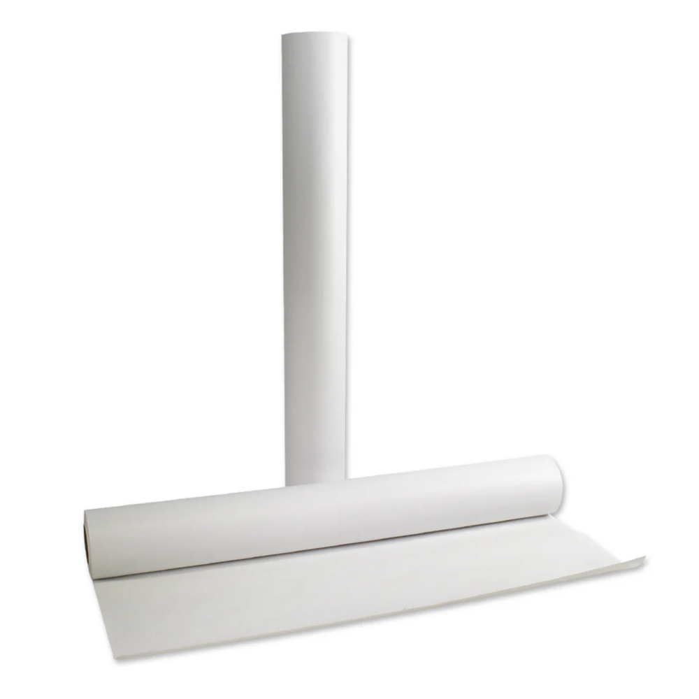 Two white rolls of paper, one standing and one lying down.