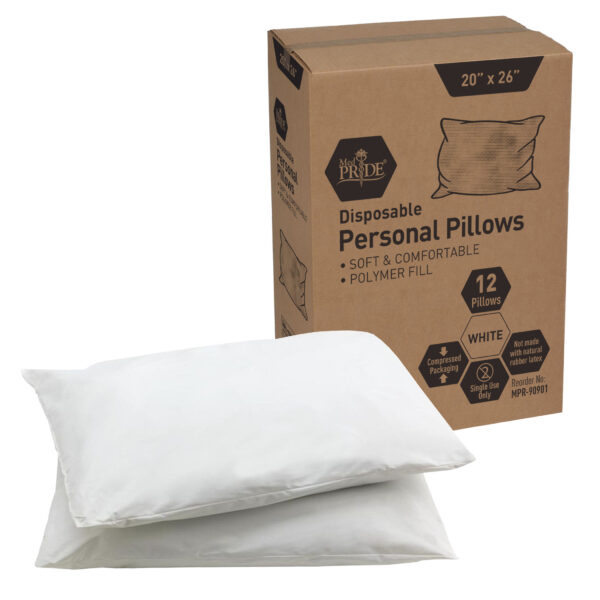 Two white personal pillows with eco-friendly packaging box.