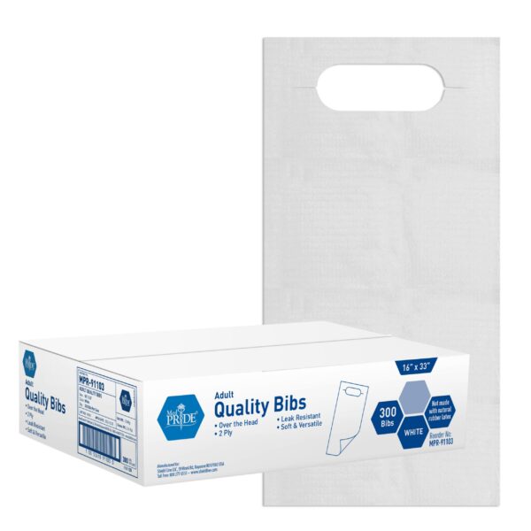 Box of clear plastic quality bibs with one bib displayed.