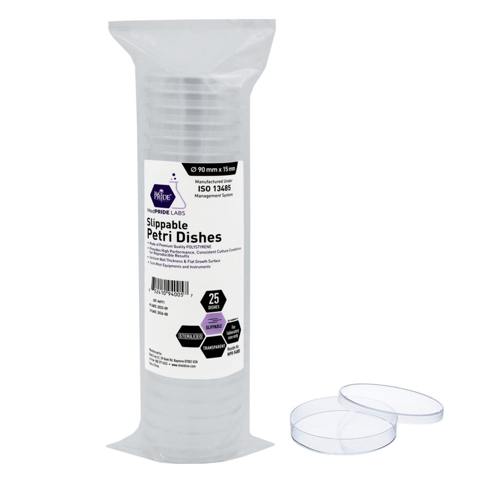 Stack of clear plastic petri dishes with lids on a white background.