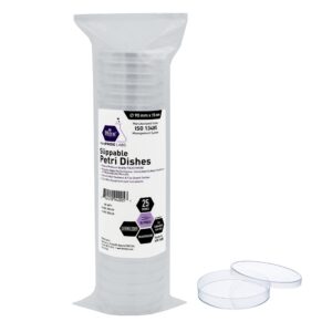 Stack of clear plastic petri dishes with lids on a white background.