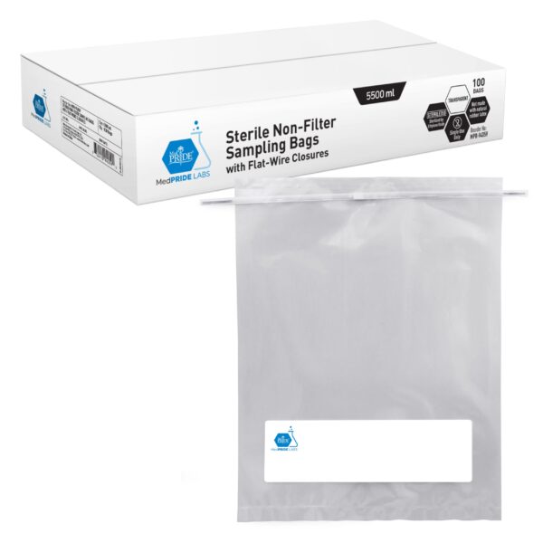 A box of sterile non-filter sampling bags with a single bag shown.