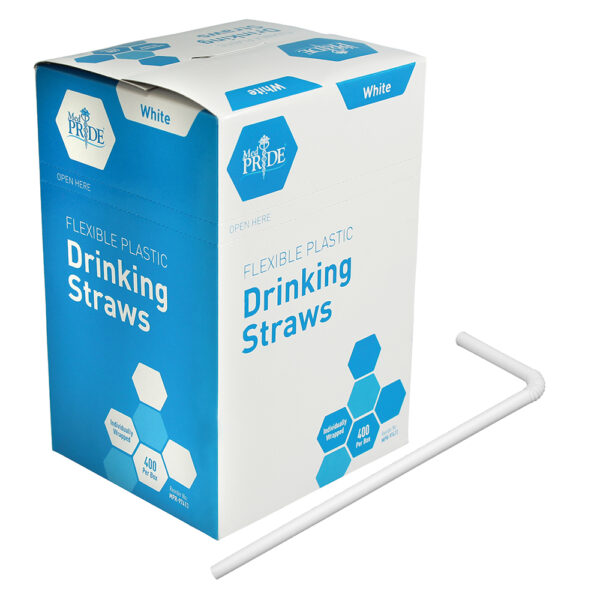 Box of white plastic drinking straws with one straw outside.