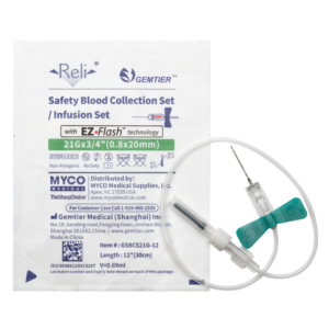 Safety blood collection needle with infusion set in sterile packaging.