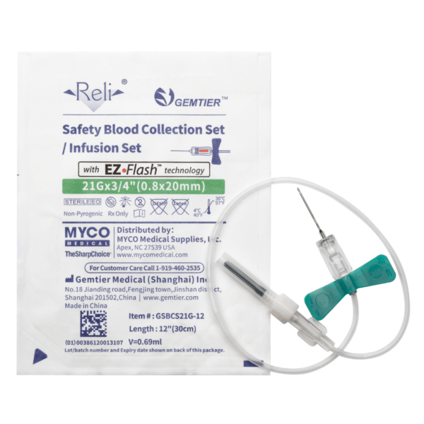 Safety blood collection needle with infusion set in sterile packaging.