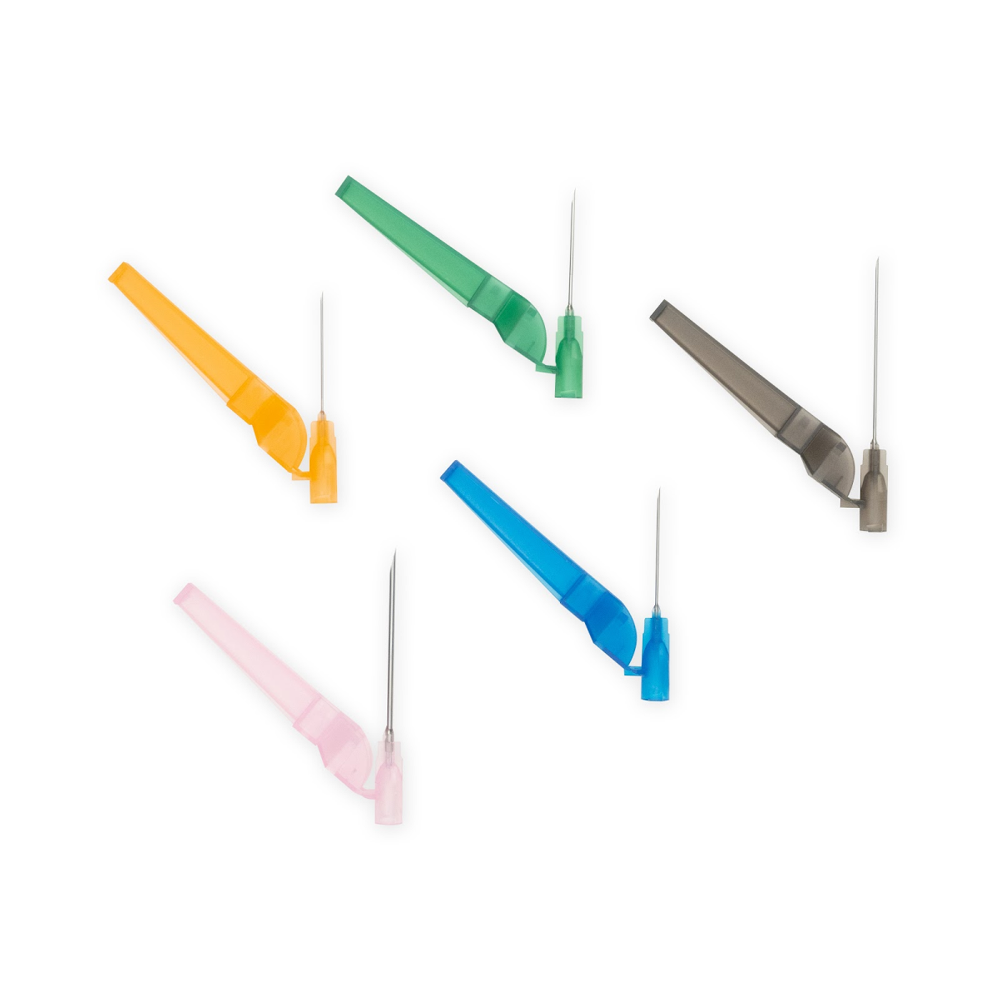 Six colorful plastic dental floss picks with handles and floss.