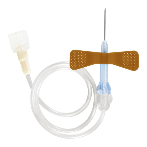 Medical intravenous (IV) catheter with tubing and needle holder.