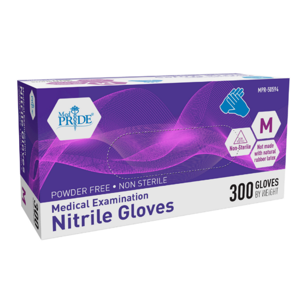 Box of purple nitrile gloves, 300 count, size medium.