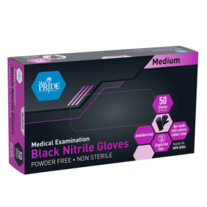 Box of medium black nitrile gloves, powder-free and non-sterile.