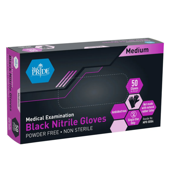 Box of medium black nitrile gloves, powder-free and non-sterile.