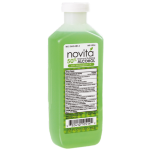 A green bottle of Novita 50+ Alcohol Hand Sanitizer.