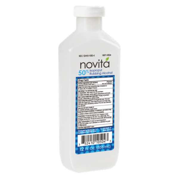 A white bottle of Novita hand sanitizer with label details.